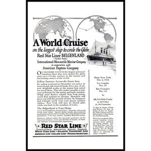 1924 Red Star Line World Cruise Belgenland Vintage Print Ad Globe Map Wall Art